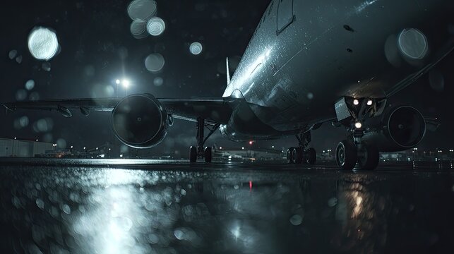 Large commercial jet airplane standing on wet tarmac at an airport during a dark, rainy night, with bright lights reflecting in the puddles and creating a moody atmosphere