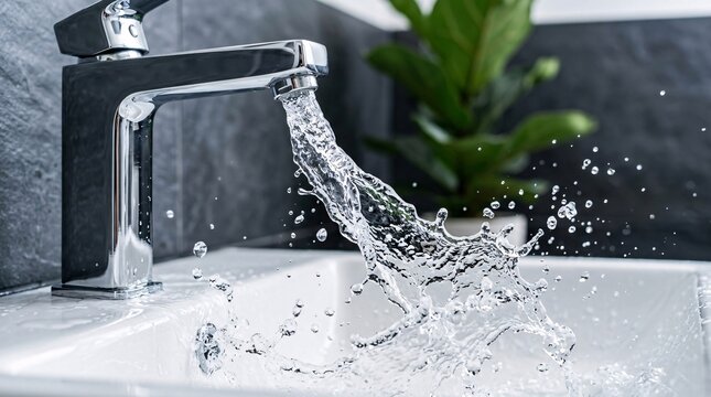 Crystal clear sparkling fresh water forcefully flows in a twisted stream from a highly polished chrome faucet into a pristine white basin.