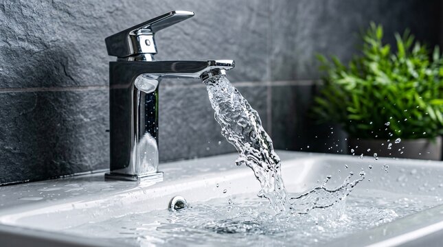 Crystal clear sparkling fresh water forcefully flows in a twisted stream from a highly polished chrome faucet into a pristine white basin.