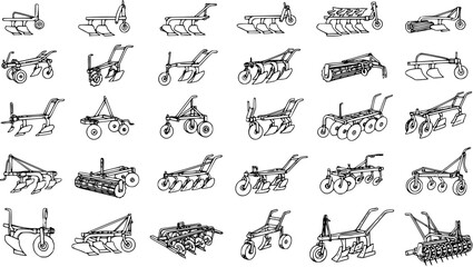 Extensive collection of detailed line art illustrations showcasing various types of agricultural plows, tillers, and cultivators for farm tillage. Monochrome vector sketches of farming machinery. © torabutterfly