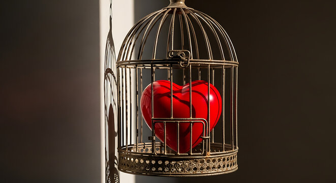 A symbolic red heart trapped within an antique birdcage, representing confinement of love and emotion