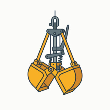 An illustration of a yellow mechanical grab bucket, also known as a clamshell bucket, used for lifting and moving materials.