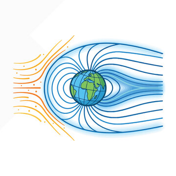 Illustration of Earth's magnetosphere deflecting the solar wind, showing magnetic field lines protecting the planet from charged particles.