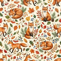 Fototapeta premium Foxes Among Autumn Leaves Create a Repeating Pattern in a Vibrant Forest Scene