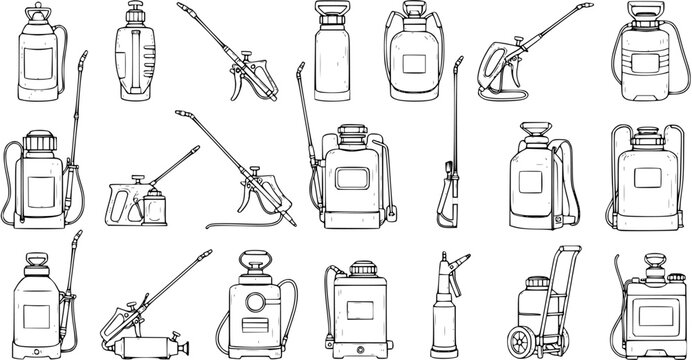 Hand-drawn collection of garden and agricultural sprayers, including pump, trigger, backpack, and wheeled types. Outline vector illustration set for pesticide, herbicide, and plant care tools.