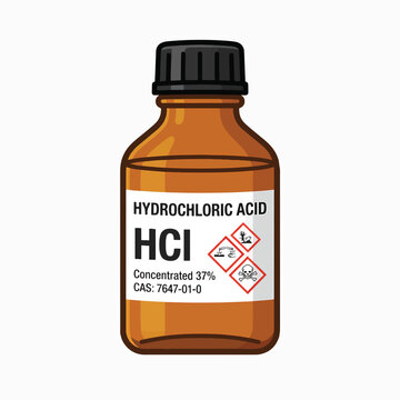 A brown glass bottle with a black cap, labeled Hydrochloric Acid HCl Concentrated 37%. It displays hazard symbols for corrosive, toxic, and dangerous to the environment.