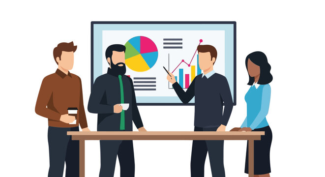 Illustration of a diverse team presenting data on a screen in a meeting