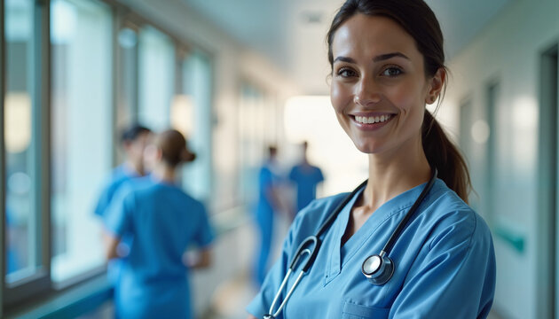 Smiling nurse in hospital hallway during the day, healthcare dedication