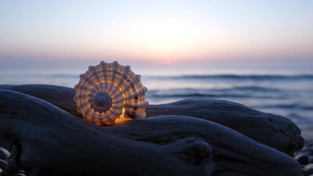 Close-up of a spiral seashell backlit by the setting sun on a piece of weathered driftwood at the beach, featuring warm internal glow, ocean waves, and soft sunset horizon background.