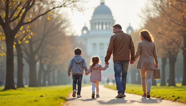 Multigenerational family walking joyfully in city park, family unity