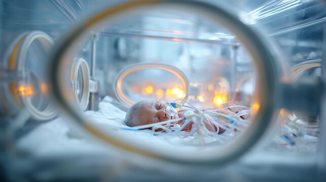 Tiny newborn resting peacefully in incubator with tubes and sensors during critical care in hospital unit