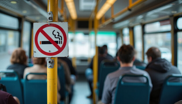 No smoking sign in bus interior with passengers, promoting public health