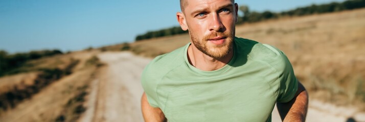 Obraz premium Male runner jogging on rural dirt road outdoors during morning training