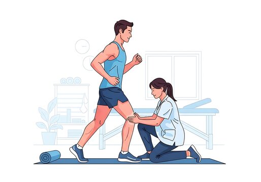 Athletic Trainer Assisting Male Athlete During Exercise Session.