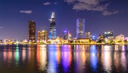 Obraz premium Nighttime panoramic view of a modern urban skyline reflecting in calm water. The sky is dusk blue. Multiple illuminated skyscrapers