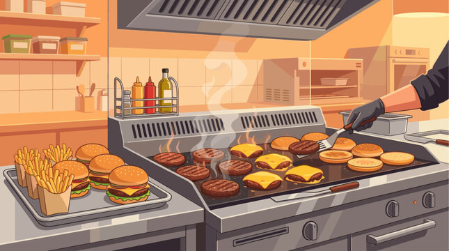 A chef prepares burgers and fries in a commercial kitchen, with cheese melting on patties and steam rising from the grill.