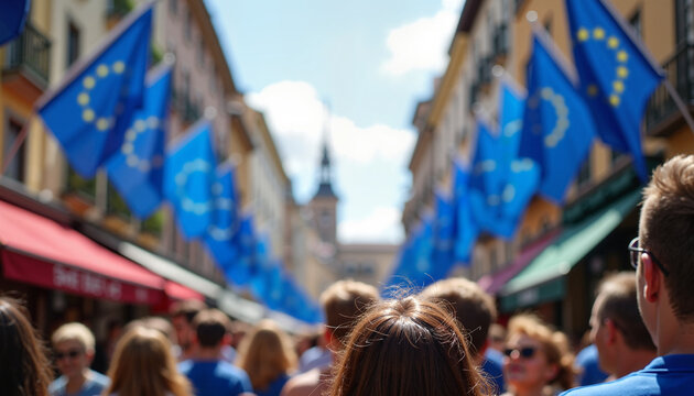 Joyous street festival celebrating Europe Day with EU flags, community spirit