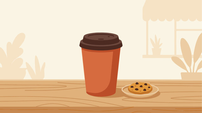 A stylized illustration features a takeaway coffee cup and a chocolate chip cookie on a wooden table, with subtle background elements of plants and window.
