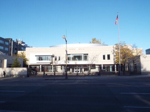 Ottawa, Ontario, Canada &ndash; August 02, 2025: The "Embassy of the State of Kuwait" features a modern, low-rise stone facade under a clear, bright sky at 333 Sussex Dr. 