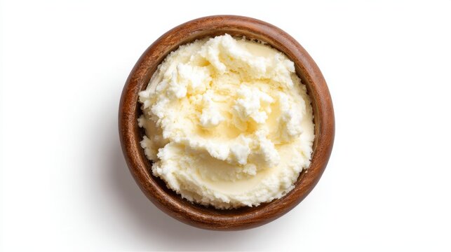 Pure organic shea butter in a small wooden bowl isolated on white background