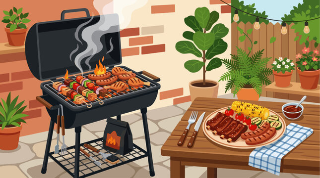 An outdoor backyard scene featuring a barbecue grill with sizzling meats and skewers, set next to a table laden with grilled ribs, sausages, corn, and dipping sauce.