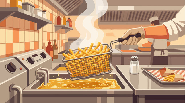 A chef is deep frying french fries in a busy restaurant kitchen, with steam rising from the hot oil and other cooking equipment visible.