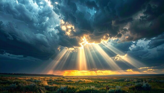 Dramatic landscape under a stormy sky, golden light breaks through clouds, illuminating the grassy plains below