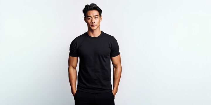 Young Asian American man in a black t-shirt and pants standing with hands in pockets