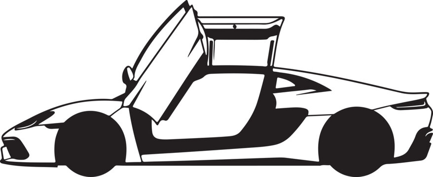 Black and white sports car vector, convertible car illustration, side view automotive design, mono line drawing
