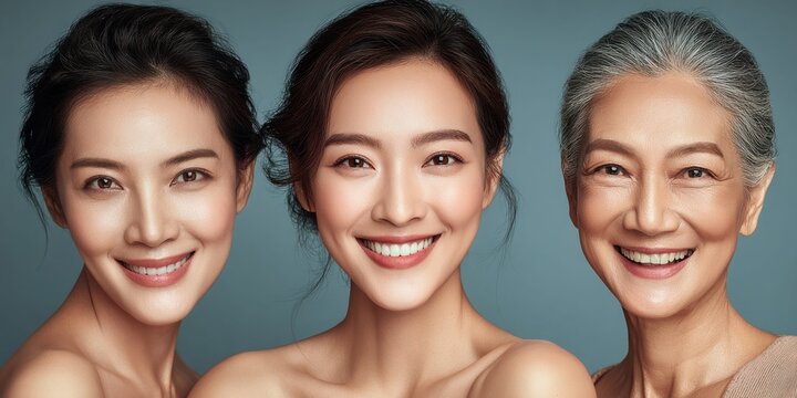 Three Asian women of different ages smiling, showcasing beauty across generations
