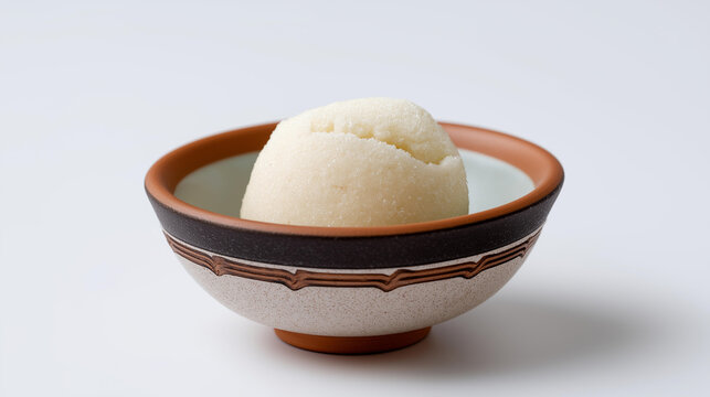A single milk peda in a small ceramic bowl on a clean white background, no people, indian sweet, milk peda, traditional dessert, isolated food, cultural cuisine, festive treat, food photography,