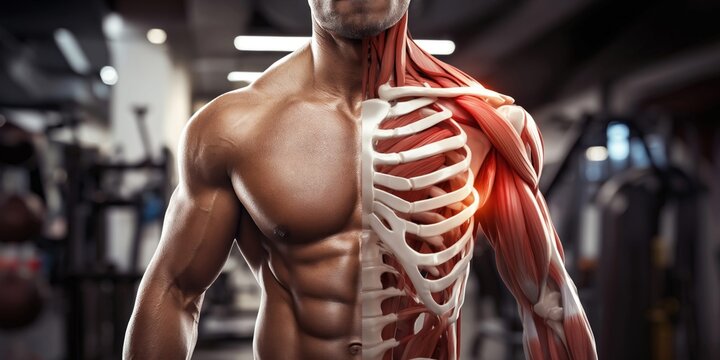 Anatomical illustration of a muscular man's torso and arm with visible muscles and bones