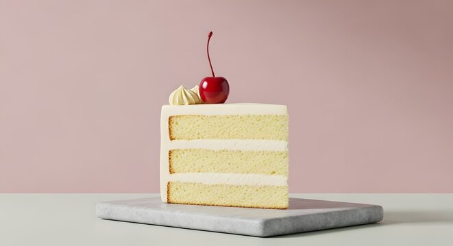 Sepotong kue bolu krim vanila berlapis dengan topping ceri merah