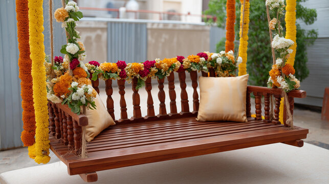 A decorated wooden jhula or swing adorned with flower garlands and cushions, no people, krishna janmashtami, jhula setup, flower garlands, cultural, traditional, heritage, festive, ceremonial,