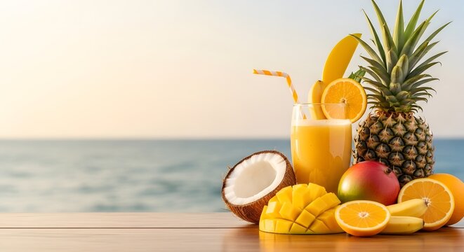 Minuman jus buah tropis mangga nanas dan kelapa di tepi pantai