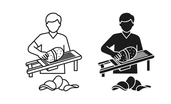 Mandoline slicer vector icon set with chef slicing potato, outline and solid style, isolated on white background