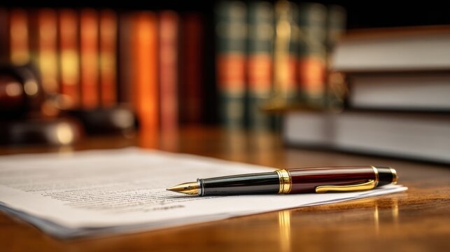 Fountain pen resting on legal document on a wooden desk with blurred law books and gavel in the background