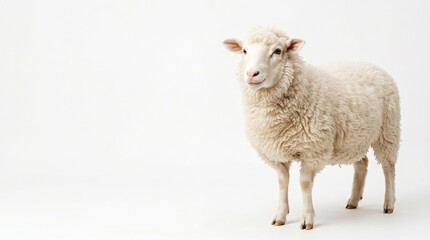 Obraz premium Fluffy White Sheep Standing on Clean White Background with Copy Space