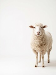 Fototapeta premium Fluffy White Sheep Standing on Clean White Background with Copy Space
