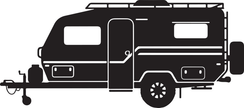 Black camper van, trailer, RV, motorhome vector icon