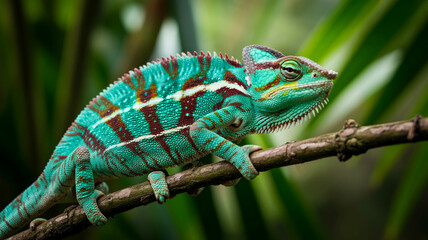 Naklejka premium A vibrant green chameleon perched on a branch in a lush forest with colorful skin and striking patterns.