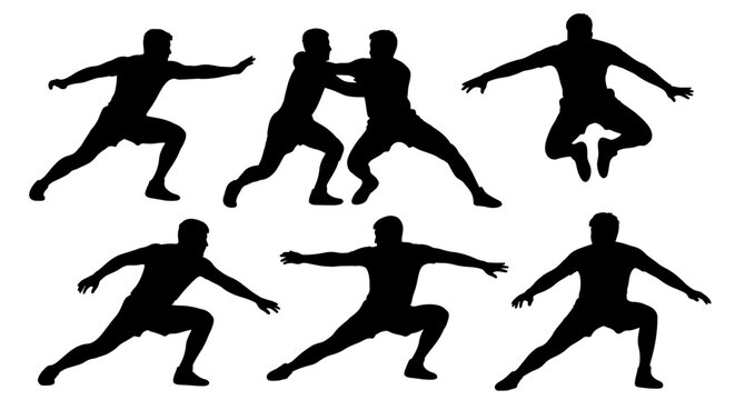 Kabaddi Players Silhouette Set with Action Poses Jumping Raiding and Defending for Indian Sports Design