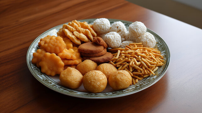 An overhead flat lay of traditional diwali snacks including chakli, laddu, sev and chivda on a decorative plate, no people, diwali snacks, festival food, traditional sweets, faral, colorful flat