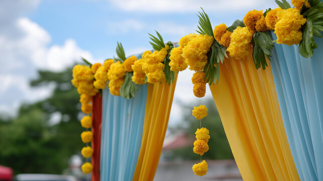 A colorful festival backdrop with yellow flower decorations and draped fabrics, no people, festival background, indian wedding decor, yellow flower, colorful fabric, cultural, heritage, ceremony