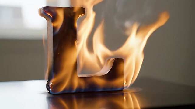 Majestic uppercase letter L engulfed in vibrant orange and blue flames standing dramatically on a reflective surface with rising smoke