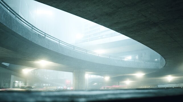 Concrete highway overpass structures creating a complex intersection at night, illuminated by city lights and vehicle trails, creating a sense of urban mystery and infrastructure