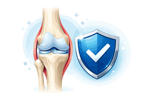 Realistic human knee joint anatomy vector with blue protection shield and checkmark icon. Healthcare concept for orthopedic safety, joint health, bone strength, medical treatment, and recovery.