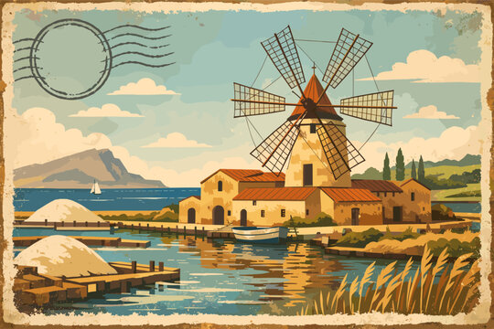 Vintage Travel Postcard Illustration of a Traditional Windmill at the Salt Pans in Sicily, Italy; Retro Style Coastal Landscape with Salt Heaps, Mediterranean Sea, Boat, and Scenic Background.