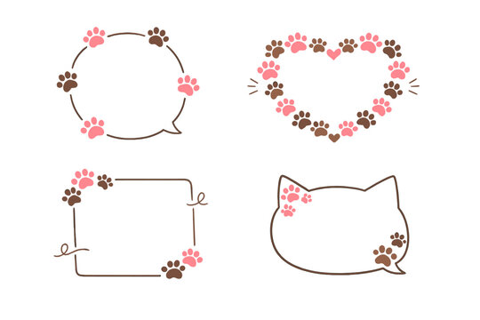 Set of Cute Paw Print Frames and Speech Bubbles with Animal Footprints. Hand Drawn Doodle Line Text Boxes with Cat and Dog Paws in Pink and Brown. Heart, Circle, and Cat Head Shape Vector Art.