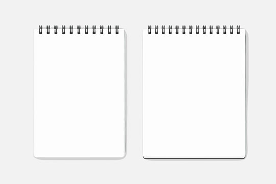 Realistic Blank Spiral Notebook Mockup Set with Black Wire-O Binding, Vertical White Paper Notepad and Sketchbook Template for Stationery Branding, Office Supplies, and Creative Design, Vector.